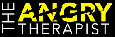 Angry Therapist logo in white and yellow text. 
