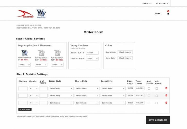 Screenshot of the B2B order form for the Score Sports web portal.