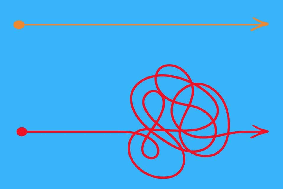 A straight line showing what a simple architecture should look like, compared to a twisted, continuous line showing what overengineering looks like.
